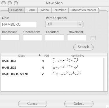 Picture of the field for selecting signs from the lexicon database