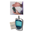 Illustration: Elektronisches Blutzuckertestgerät und Anwendung des Geräts durch Stich in die Fingerkuppe