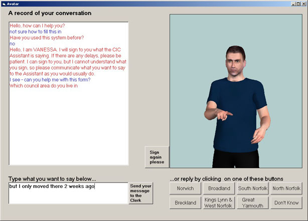 VANESSA (Voice Activated Network Enabled Speech and Sign Assistant): Screenshot of the Client's Screen
