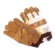 Illustration: Foto zeigt ein Paar Kälteschutzhandschuhe aus hellbraunem Leder (Innenseite und Fingerspitzen) und weißer Baumwolle (Hand- und Fingerrücken) und einem elastischen Bund
