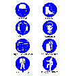 Illustration: Acht kreisrunde Piktogramme mit weißer Zeichnung auf blauem Hintergrund und Beschriftung für die folgenden Schutzausrüstungen: Kopfschutz, Fußschutz, Gehörschutz, Atemschutz, Augen-/Gesichtsschutz, Schutzhandschuhe, Schutzkleidung, PSA gegen Absturz