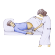 Illustration: Bettpfanne wird unter das Gesäß eines liegenden Patienten geschoben