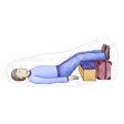 Illustration: Schocklagerung: Patient liegt, Unterschenkel sind auf Objekte gelegt, so dass die Beine höher gelagert sind als Oberkörper und Kopf