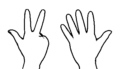 rechte Hand - Handform für 3: ausgestreckter Daumen, Zeigefinger und Ringefinger;  linke Hand - Handform für 5: alle fünf Finger ausgestreckt und gespreizt