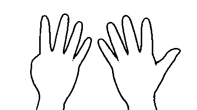 rechte Hand - Handform für 4: Zeigefinger bis Ringfinger ausgestreckt und gespreizt, Daumen über Handfläche geklappt;  linke Hand - Handform für 5: alle fünf Finger ausgestreckt und gespreizt