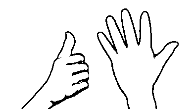 rechte Hand - Handform für 1: Daumen ausgestreckt;  linke Hand - Handform für 5: alle fünf Finger ausgestreckt und gespreizt