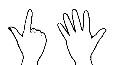 rechte Hand - Handform für 2: Daumen und Zeigefinger ausgestreckt;  linke Hand - Handform für 5: alle fünf Finger ausgestreckt und gespreizt