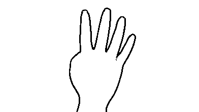 Handform für 4: Zeigefinger bis Ringfinger ausgestreckt und gespreizt, Daumen über Handfläche geklappt