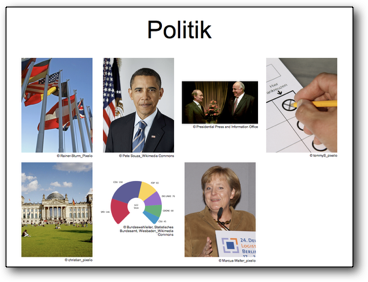6 pictures: international flags, Reichstag, Obama, election results as pie diagram, Helmut Kohl, Angela Merkel, ticking a box on a voting slip