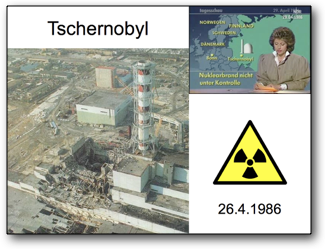 Chernoby1: Photo of destroyed power plant and scene from German news broadcast with a map of Central and East Europe