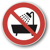 A warning sign: Round, red circle and diagonal line covering a bath tube with shower